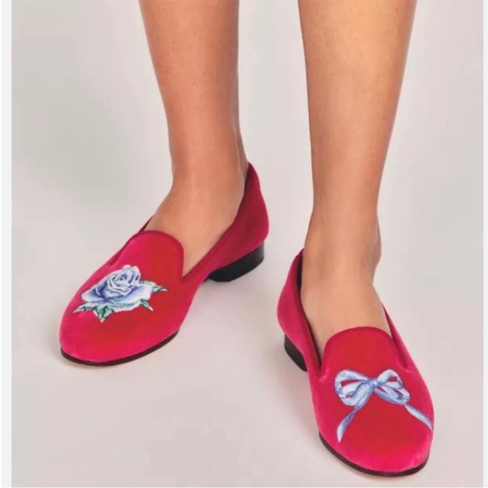 Stubbs & Wootton Fuchsia Loafers with Blue Rose and Bow